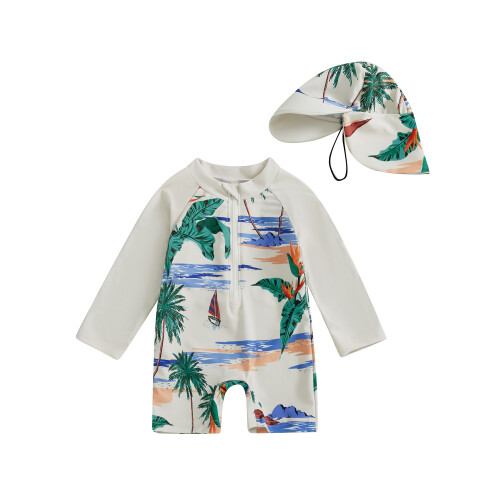 (0-6 Months, White) Μαγιό Rash Guard καπέλο ηλίου