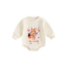 (3-6 Months, Beige) Tutina per bambina per San Valentino, maniche lunghe, scollo a O, stampa cuore, volpe/cuore, tutina