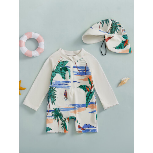 (0-6 Months, White) Μαγιό Rash Guard καπέλο ηλίου 2