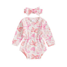 (12-18 Months, Pink) Completo neonata: tutina maniche lunghe con scollo rotondo e stampa floreale + fascia capelli a fiocco.