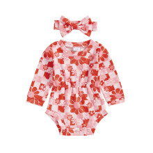 (3-6 Months, Red) Completo neonata: tutina maniche lunghe con scollo rotondo e stampa floreale + fascia capelli a fiocco.