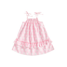 (3-4 Years, Pink) Kislány nyári ujjatlan ruha nyuszimintás, megkötős, vállpántos, fodros A-vonalú ruha