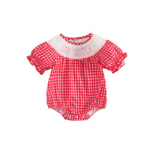(6-12 Months, Red) Vauvan tyttövauvan haalari kirjainkirjailulla, ruudullinen smokkirypytetty, pyöreä kaula, röyhelöinen kesähaalari
