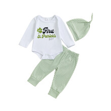 (3-6 Months, Green) Baby Lucky Spring Set: Rompertje met lange mouwen en klavertjesprint, gestreepte lange broek en muts, 3-delige outfit