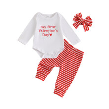 (12-18 Months, White) Babykleding set voor Valentijnsdag: Rompertje met lange mouwen, hartjesprint, lange broek en hoofdbandje (3-delig).