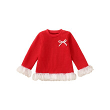 (6-12 Months, Red) Suéter infantil feminino, manga comprida, gola redonda, laço e patchwork, ideal para o inverno.