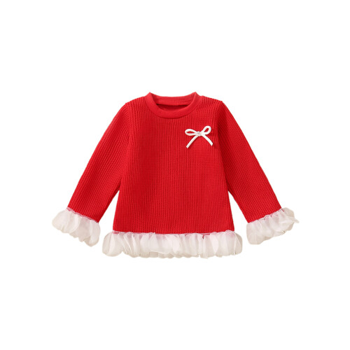 (6-12 Months, Red) Mädchenpullover, langärmelig, Rundhalsausschnitt, Schleifen-Patchwork, warmer Winterpullover
