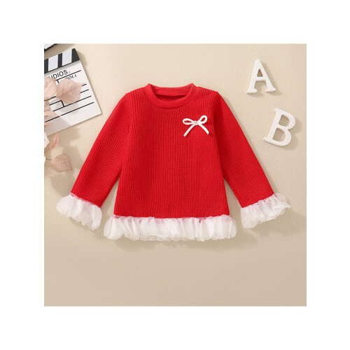 (6-12 Months, Red) Mädchenpullover, langärmelig, Rundhalsausschnitt, Schleifen-Patchwork, warmer Winterpullover 2