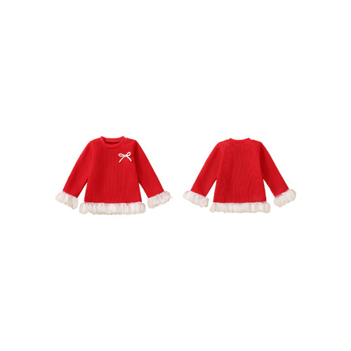 (3-4 Years, Red) Mädchenpullover, langärmelig, Rundhalsausschnitt, Schleifen-Patchwork, warmer Winterpullover 1