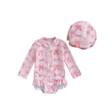 (12-18 Months, Pink) Mädchen-Badeanzug-Strampler mit Rashguard, langen Ärmeln und Hut, Strand-Schwimm-Outfit mit Schleifenmuster.