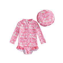 (6-12 Months, Dark Pink) Mädchen-Badeanzug-Strampler mit Rashguard, langen Ärmeln und Hut, Strand-Schwimm-Outfit mit Schleifenmuster.