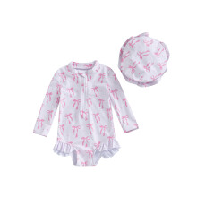 (3-6 Months, Ivory) Mädchen-Badeanzug-Strampler mit Rashguard, langen Ärmeln und Hut, Strand-Schwimm-Outfit mit Schleifenmuster.