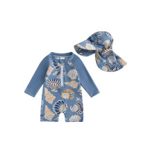 (2-3 Years, Blue) Toddler Boys Girls Rash Guard Swimsuit with Hat 2 Pcs Set Seahorse Shell Pattern Zip Up Long Sleeve Crew Neck Baby Swimwears
