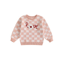 (4-5 Years, Pink) Maglione a quadri per bambina con ricamo, girocollo, maniche lunghe, abbigliamento autunnale.