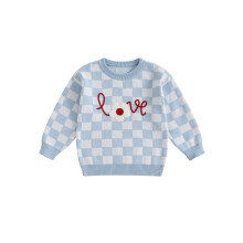 (3-4 Years, Blue) Maglione a quadri per bambina con ricamo, girocollo, maniche lunghe, abbigliamento autunnale.