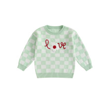 (5-6 Years, Green) Maglione a quadri per bambina con ricamo, girocollo, maniche lunghe, abbigliamento autunnale.
