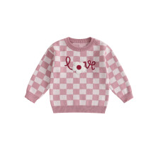 (3-4 Years, Purple) Maglione a quadri per bambina con ricamo, girocollo, maniche lunghe, abbigliamento autunnale.