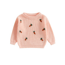 (5-6 Years, Pink) Maglione pasquale da bambina a maniche lunghe con scollo a O e ricamo a carota.