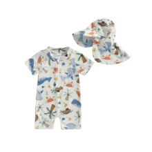 (2-3 Years, Multicolor) Traje de baño de manga corta con cremallera y estampado de ballena para niños pequeños con gorro de baño