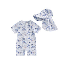 (2-3 Years, Blue) Traje de baño de manga corta con cremallera y estampado de ballena para niños pequeños con gorro de baño