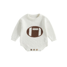 (0-3 Months, White) Baby Boy Knit Romper, Long Sleeve Crew Neck Embroidery Rugby Bodysuit Sweater for Casual Daily