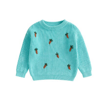 (5-6 Years, Light Blue) Maglione pasquale da bambina a maniche lunghe con scollo a O e ricamo a carota.