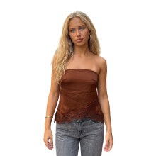 (M, Brown) Women Strapless Lace Trim Tube Tops Satin Finish Off Shoulder Slim Fit Bandeau Streetwear