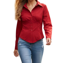 (S, Red) Női őszi ingek, gombos, hosszú ujjú, v-nyakú, lezser, egyszínű, karcsúsított, peplum blúzok