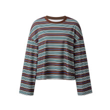 (S, Dark Brown) Women T-shirt, Long Sleeve Crew Neck Loose Ladies Fall Casual Striped Top Streetwear