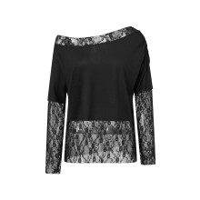 (L, Black) Női csipkés patchwork felsők divatos egyszínű hosszú ujjú, váll nélküli, bő szabású ingek