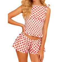 (M, Red) Dames zomer 2-delige outfit: stijlvolle mouwloze tanktop met stippenprint en short met elastische tailleband.