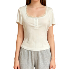 (L, White) Women Short Sleeve T-Shirts Lace Trim U-Neck Buttons Casual Shirts Summer Fashion Slim Fit Tops Streetwear