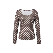(L, Dark Brown) Women's Spring Summer Scoop Neck Tops Long Sleeve Dot Print Slim Fit Party Blouse