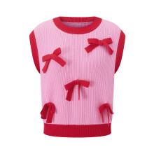(M, Red) Womens Knit Sweater Vest Sleeveless Round Neck 3D Bow Decor Tops for Casual Streetwear