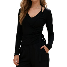 (S, Black) Dames tops met strik vooraan, slank model, lange mouwen, V-hals, crop tops voor lente en herfst, streetwear