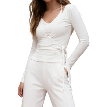(L, White) Dames tops met strik vooraan, slank model, lange mouwen, V-hals, crop tops voor lente en herfst, streetwear