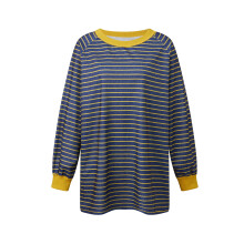 (L, Blue) Hauts décontractés printemps-automne pour femmes, manches longues, col rond, coupe ample, rayés