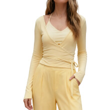 (M, Yellow) Dames tops met strik vooraan, slank model, lange mouwen, V-hals, crop tops voor lente en herfst, streetwear