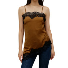 (M, Light Brown) Women's Lace Trim Cami Tops Sleeveless Spaghetti Strap Asymmetrical Hem Camisole Summer Shirt