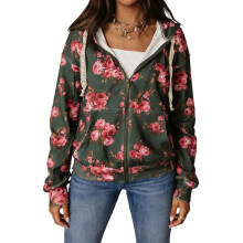 (S, Green) Dámská mikina s kapucí, dlouhý rukáv, květinový potisk, bunda, svrchní oblečení pro street casual