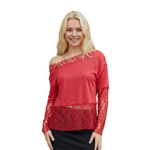 (S, Red) Női csipkés patchwork felsők divatos egyszínű hosszú ujjú, váll nélküli, bő szabású ingek