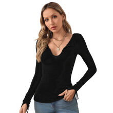(L, Black) Women's Slim Fit Tops Fashionable Long Sleeve Deep V Neck Solid Color Split Cuffs Fall Pullovers Casual Daily Wear