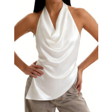 (M, White) Débardeur dos nu à col châle pour femme, coupe ajustée, idéal pour l'été.