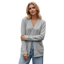 (S, Gray) Gilet cardigan d'automne pour femme, manches longues, jacquard, fermeture boutonnée, 2 poches