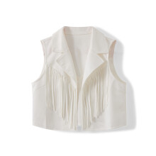 (XXL, White) Women Vest, Sleeveless Open Front Tasseled Solid Outwear Gilet for Casual Street