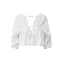 (M, White) T-shirt femme col V noué, crop top uni idéal pour été, soirées et clubs.