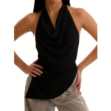 (S, Black) Débardeur dos nu à col châle pour femme, coupe ajustée, idéal pour l'été.