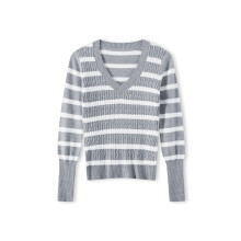 (S, Gray) Pulls rayés automne-hiver pour femmes, manches longues, col V, coupe ajustée, en maille