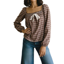 (XL, Light Brown) Chemisier à carreaux tenue décontractée.