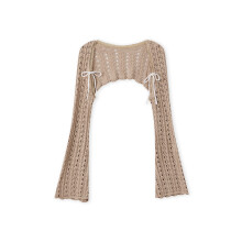 (L, Khaki) Boléro-gilet en maille pour femme, léger et tendance, uni, à manches longues évasées
